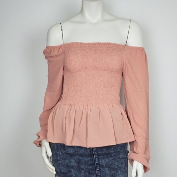 Women's Off Shoulder Pink Long Sleeve Top Blouse - Picture 1 of 3